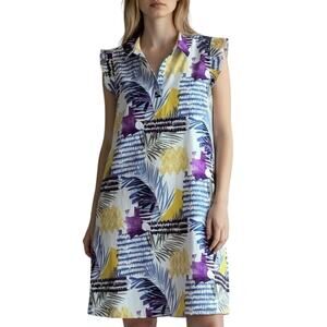 Chico's Zenergy dress floral palm collage knee length midi pleated ruffle size 3